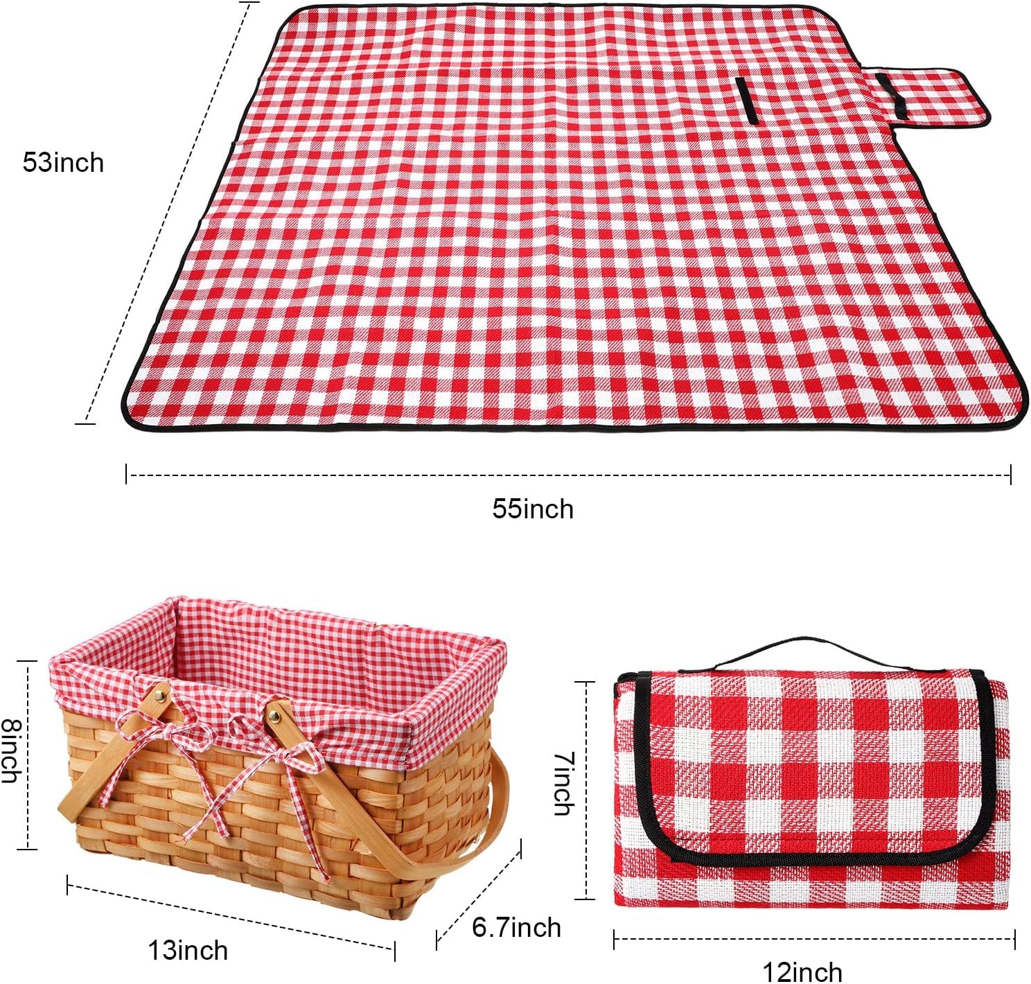 Picnic Basket Natural Woven Woodchip Basket with Double Folding Handles, Picnic Blanket Easter Basket for Easter Egg Candy Storage Spring Summer Camp(Red and White Grid)