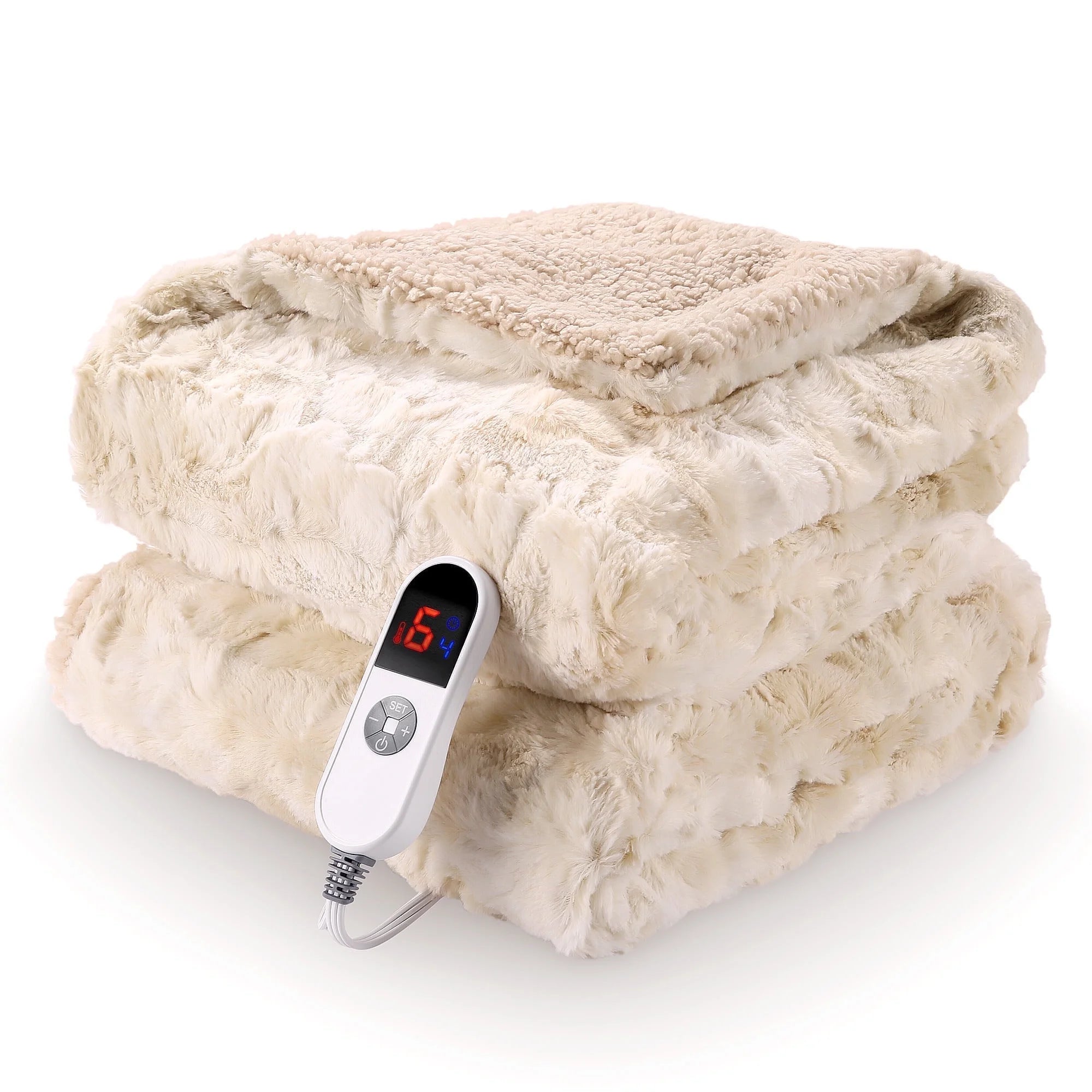 Electric Throw Blanket 50" X 60", Soft Faux Fur Heated Throw Blanket with Large LED Display, 6 Heating Levels, 4 Hours Timer- Tie-Dye off White