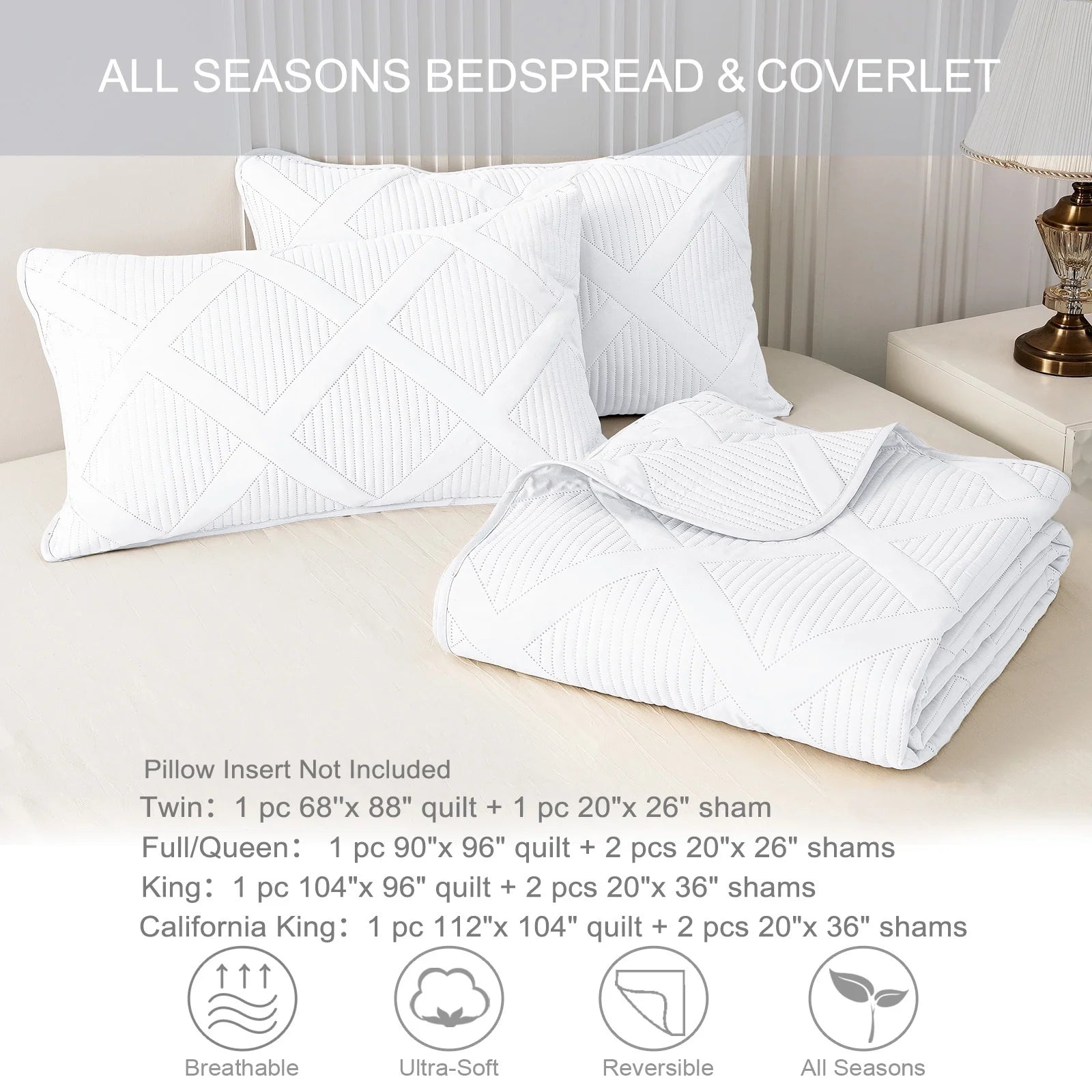 Ultrasonic King Quilt Set, 3-Piece Lightweight Bedspreads Modern Striped Coverlet, White