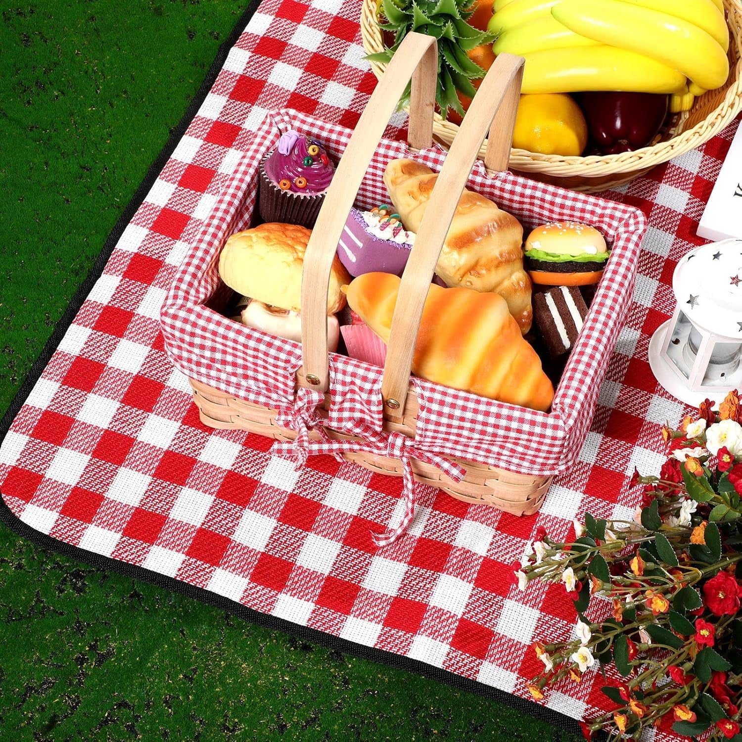 Picnic Basket Natural Woven Woodchip Basket with Double Folding Handles, Picnic Blanket Easter Basket for Easter Egg Candy Storage Spring Summer Camp(Red and White Grid)