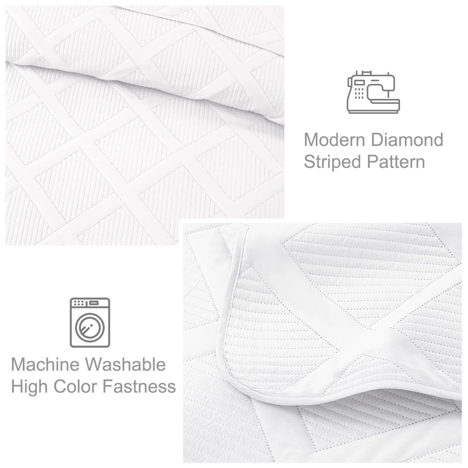 Ultrasonic King Quilt Set, 3-Piece Lightweight Bedspreads Modern Striped Coverlet, White